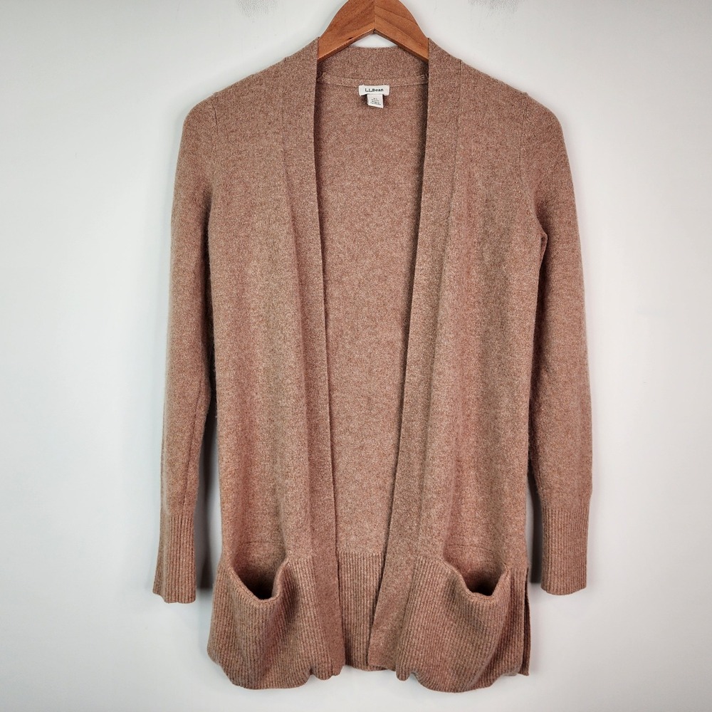 L.L.Bean 100% Cashmere Open Front Cardigan Women's XS Tan Pockets 503632